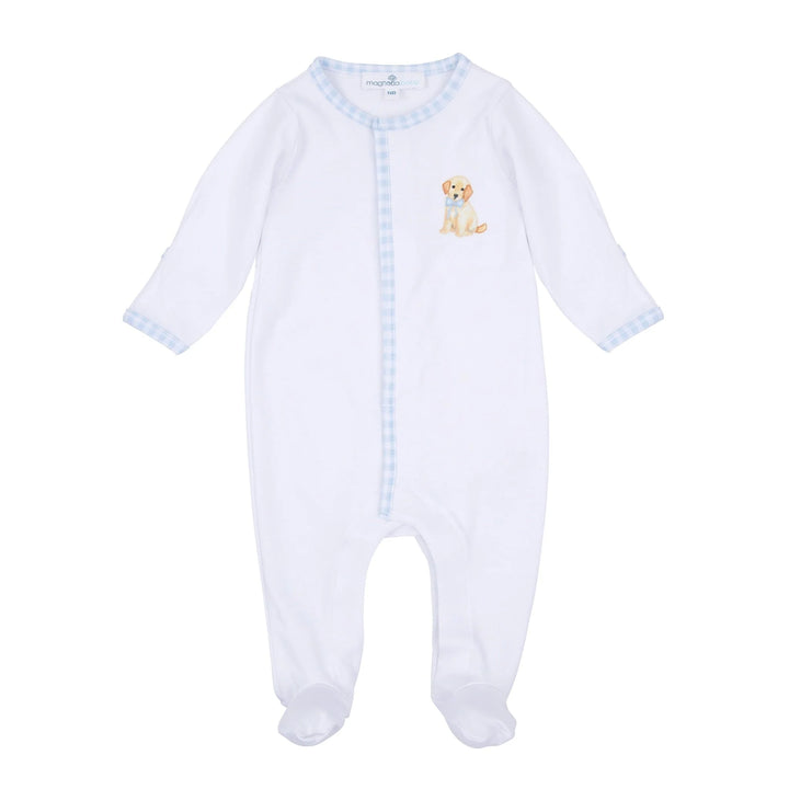 Sweet Golden Embroidered Footie | Light Blue