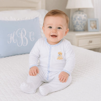 Sweet Golden Embroidered Footie | Light Blue