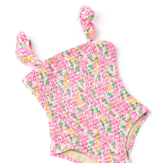 Crochet Trim Smocked One-Piece | Fresh Floral Pink