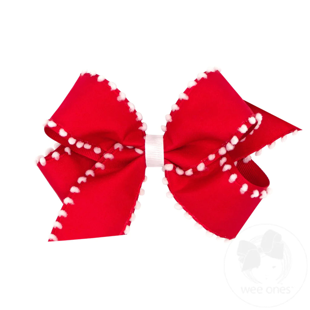 Medium Holiday Pom-Pom Edge Grosgrain Overlay Hair Bow, Red w/ White