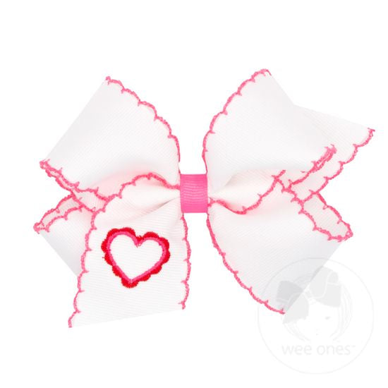 Medium Embroidered Heart Grosgrain Bow | White