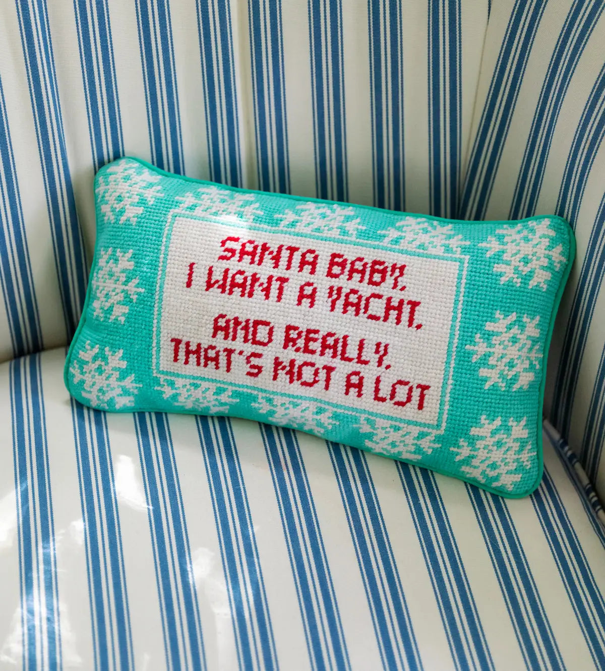 Santa I Want a Yacht Needlepoint Pillow