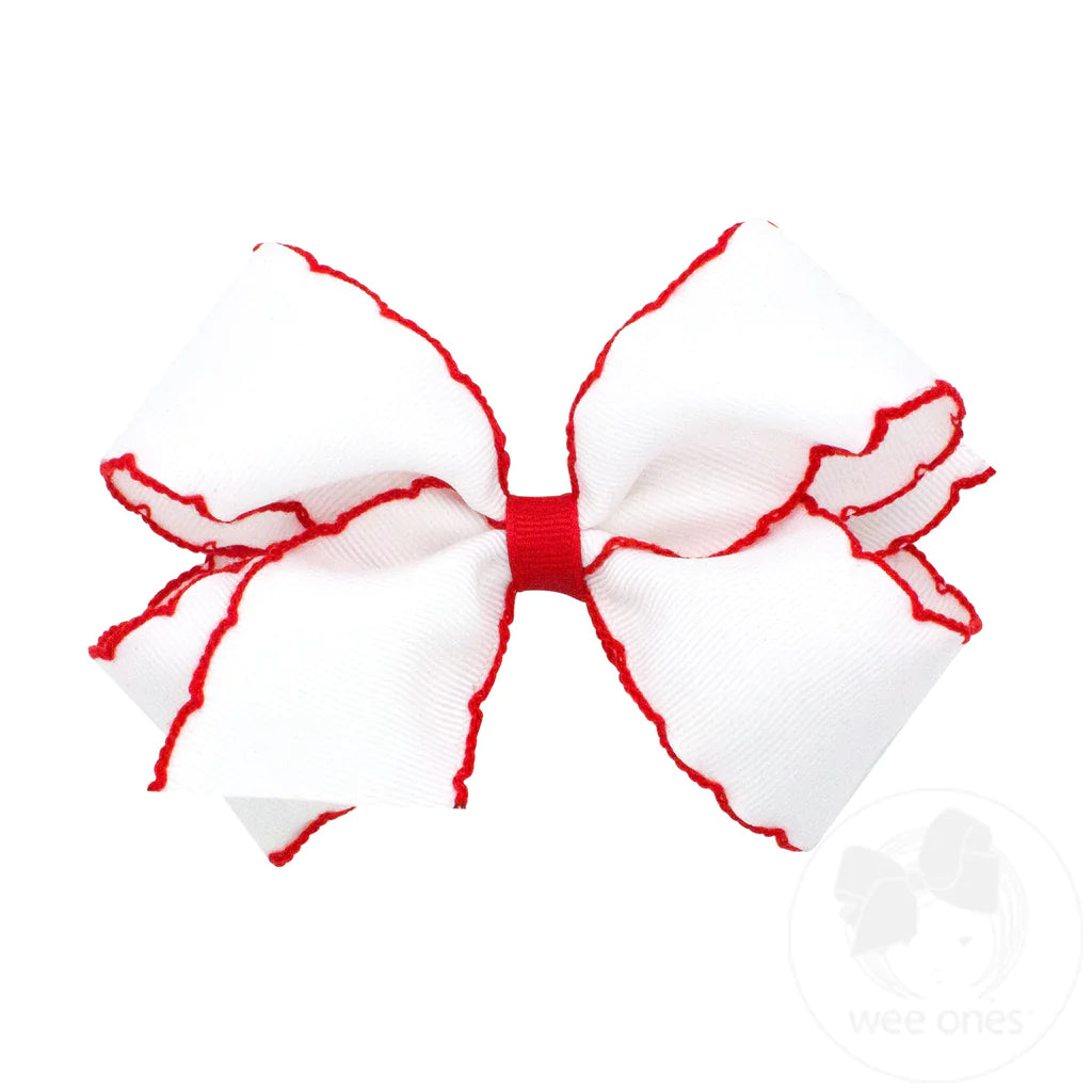 Medium Contrasting Moonstitch Grosgrain Bow | White w/ Red