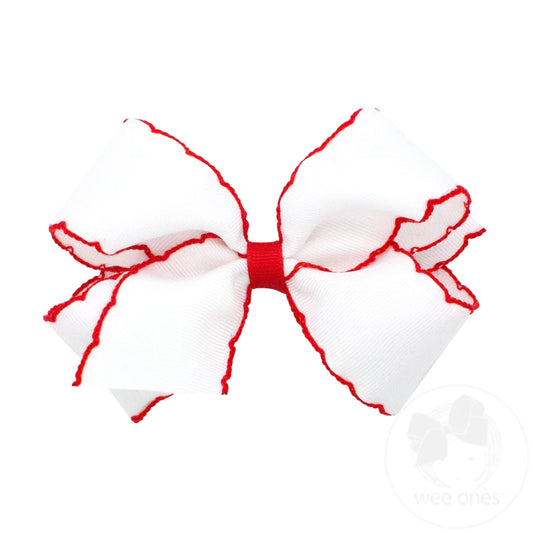 Medium Contrasting Moonstitch Grosgrain Bow | White w/ Red