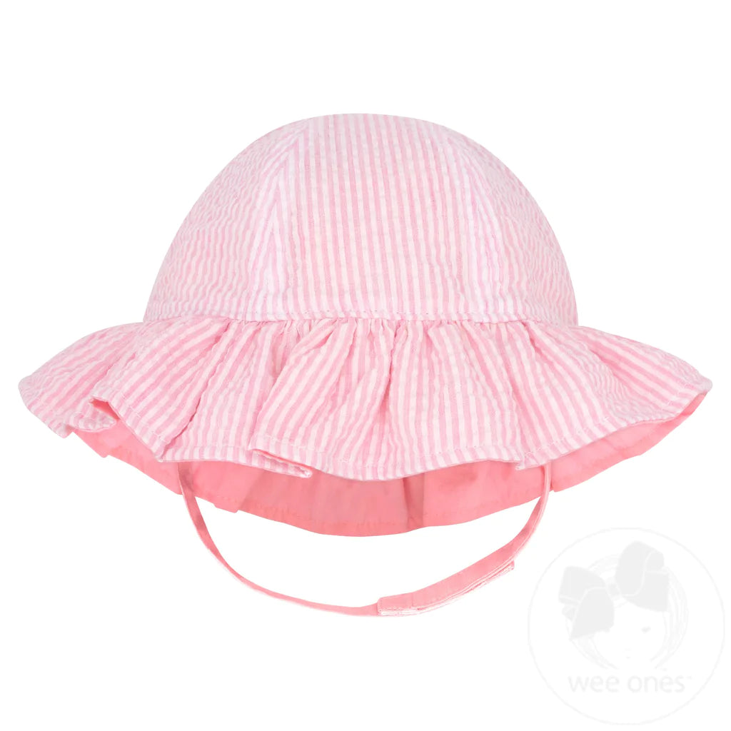 Girls Reversible Ruffle Brim Seersucker Sun Hat | Pink