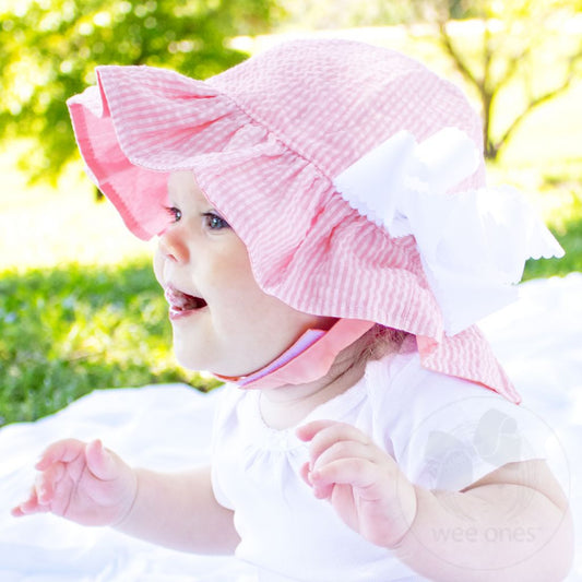 Girls Reversible Ruffle Brim Seersucker Sun Hat | Pink