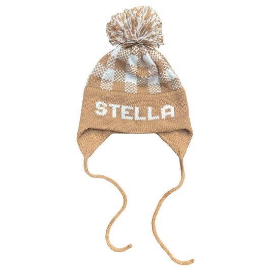Plaid Earflap Hat, Camel with White