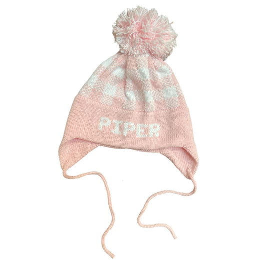 Plaid Earflap Hat, Light Pink with White