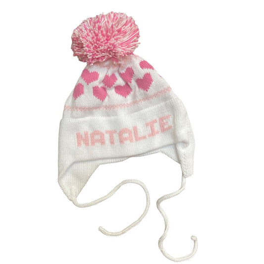 Hearts Earflap Hat, White with Light pink and Bright Pink