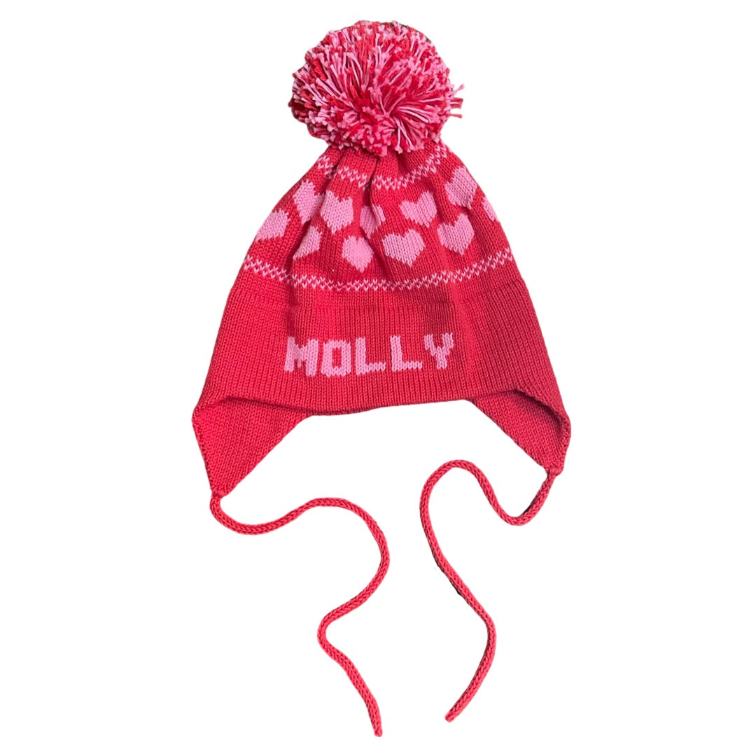 Hearts Earflap Hat, Red with Bright Pink