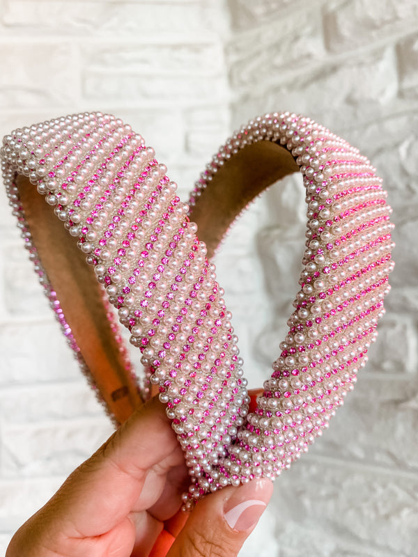 Fully Crystal  & Pearl Headband- Pink