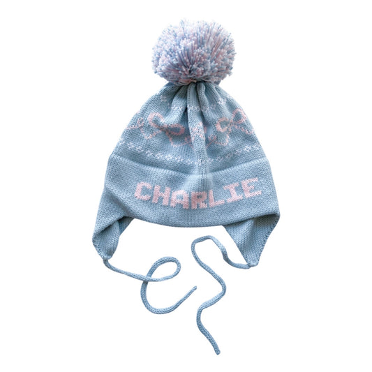 Bows Earflap Hat, Light blue with light pink & white