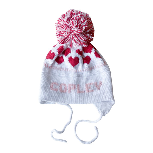 Hearts Earflap Hat, White with Light pink and Red