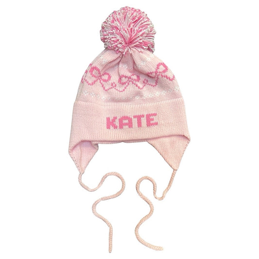 Bow Earflap Hat, Light Pink with Bright Pink and White