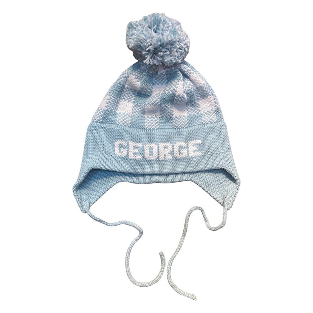 Plaid Earflap Hat, Light Blue with White