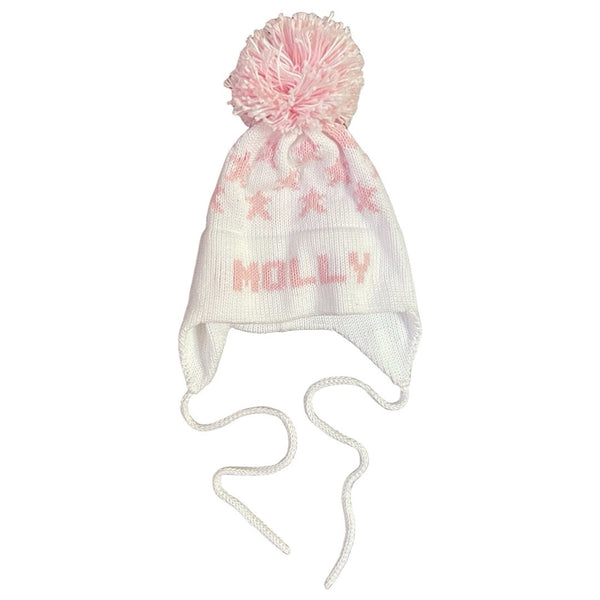 Stars Earflap Hat, White with Light Pink