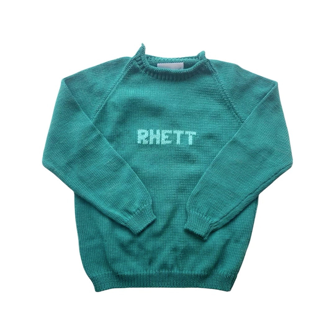 Name Sweater, Hunter Green with Light Green