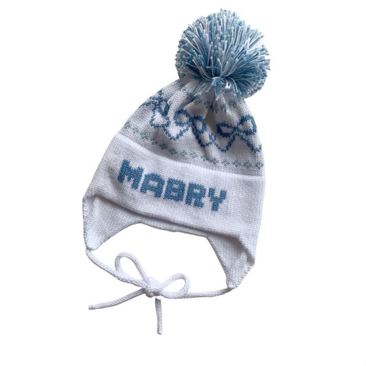 Bows Earflap Hat, White with Denim and Light Blue