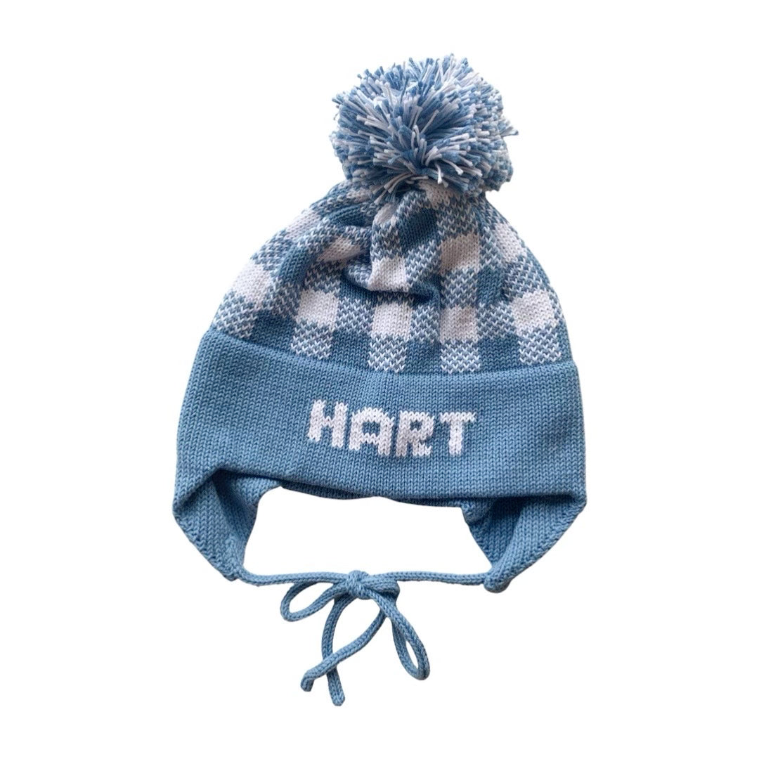 Plaid Earflap Hat, Denim with White