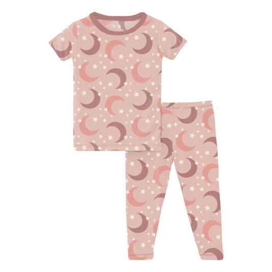 Print Short Sleeve Pajama Set | Peach Blossom Moon and Stars