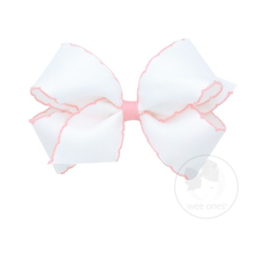 Medium Contrasting Moonstitch Grosgrain Bow | White/Light Pink