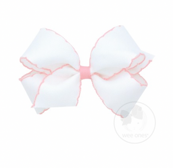 Medium Contrasting Moonstitch Grosgrain Bow | White/Light Pink