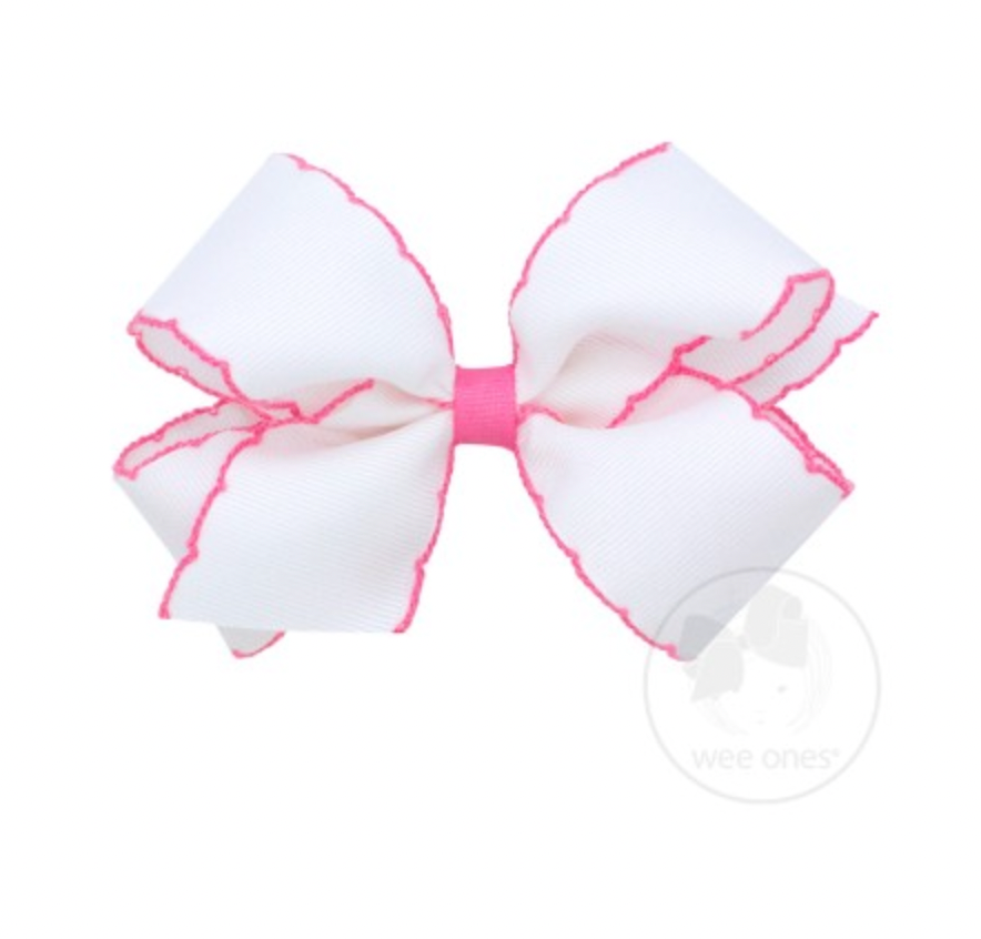 Medium Contrasting Moonstitch Grosgrain Bow | White/Hot Pink
