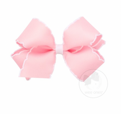 Medium Contrasting Moonstitch Grosgrain Bow | Light Pink/White