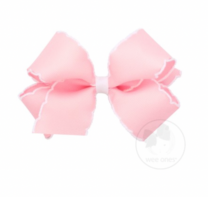 Medium Contrasting Moonstitch Grosgrain Bow | Light Pink/White