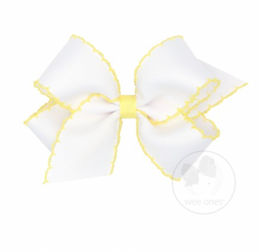 Medium Contrasting Moonstitch Grosgrain Bow, White/Light Yellow
