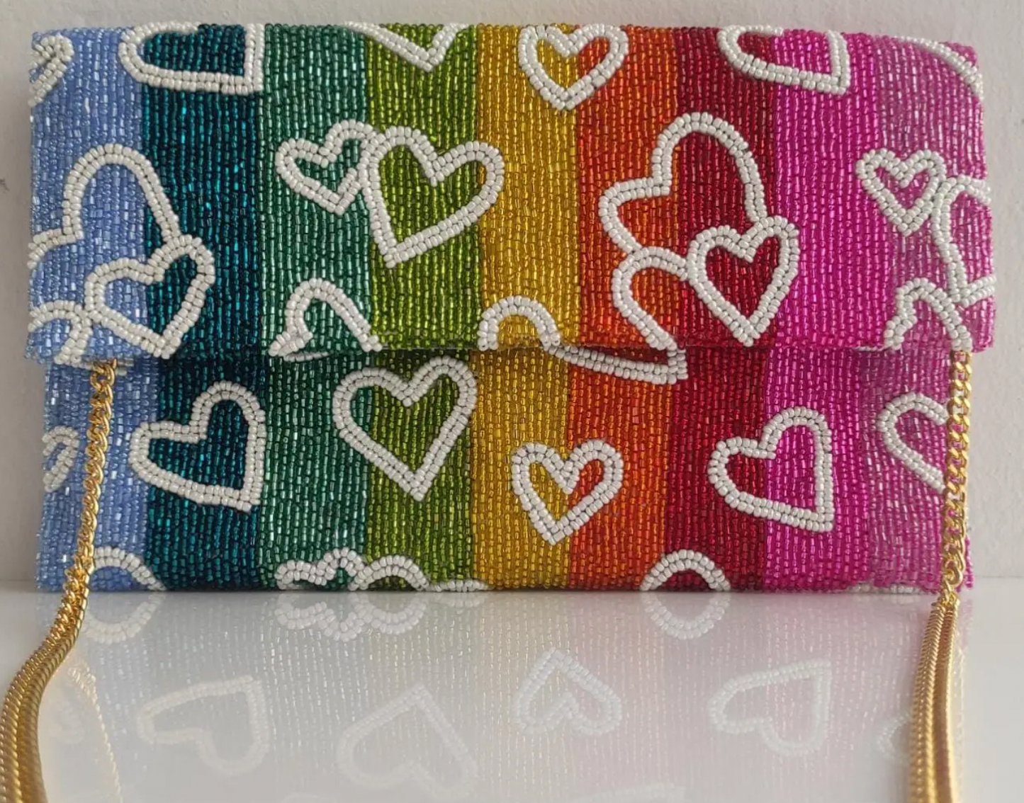 Rainbow Stripe Beaded Clutch with Hearts