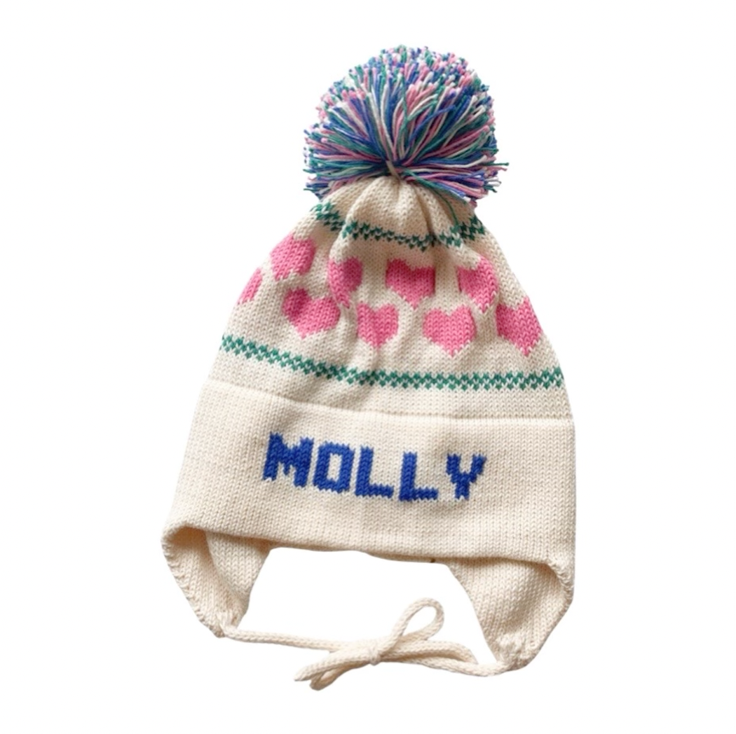 Hearts Earflap Hat, Natural With Royal Blue, Grass Green, and Bright Pink