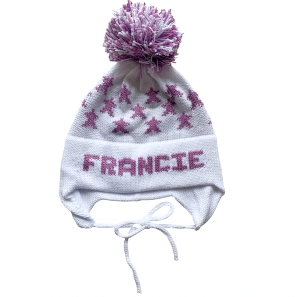 Stars Earflap Hat, White with Lavender