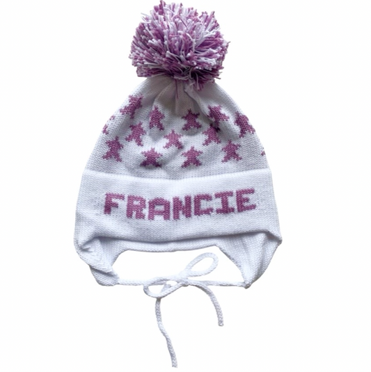 Stars Earflap Hat, White with Lavender