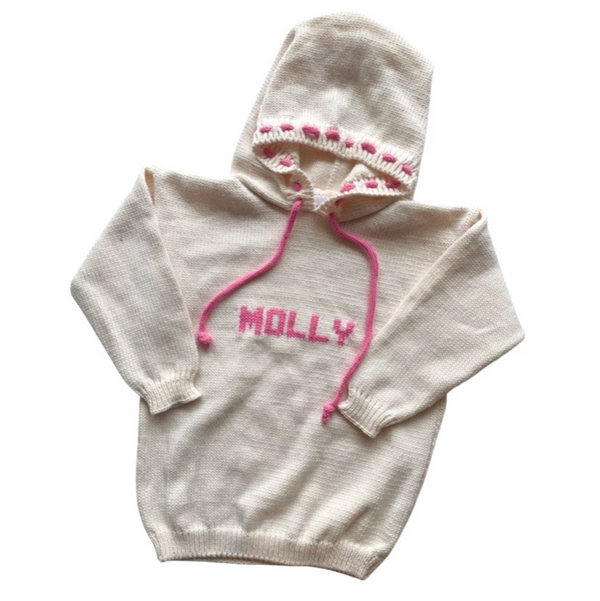 Name Hooded Sweater, Natural and Bright Pink