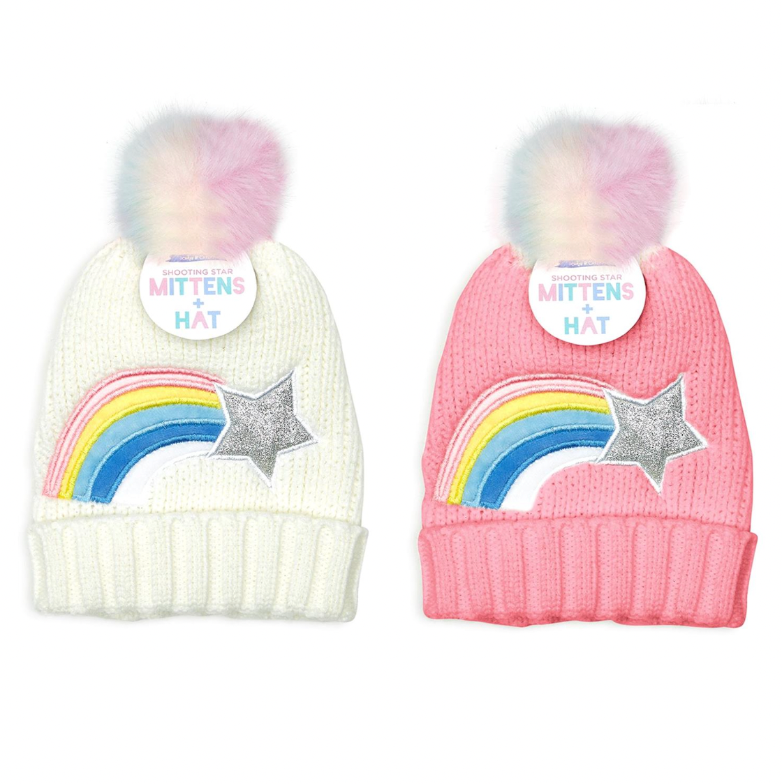 Rainbow Shooting Star Beanie and Faux Fur Pom Mittens