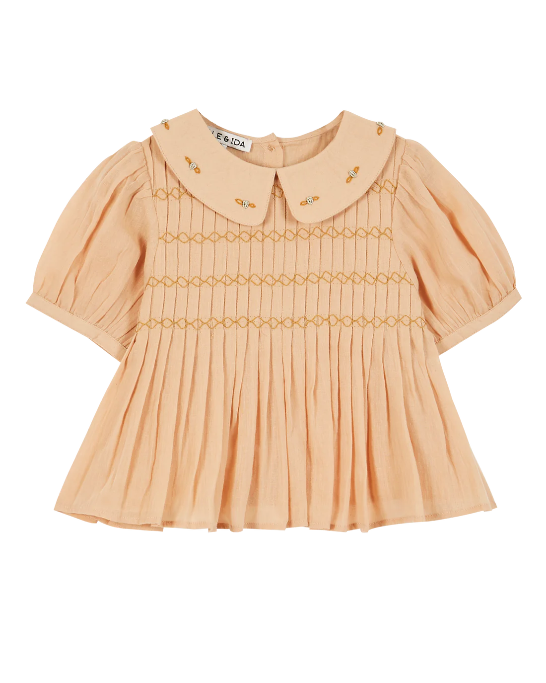 Embroidered Collar Smocked Cotton Blouse | Beige