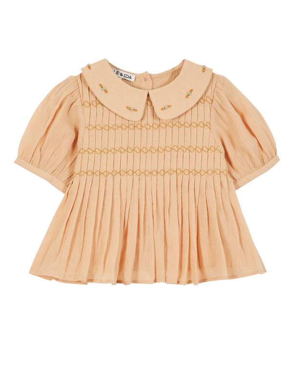 Embroidered Collar Smocked Cotton Blouse | Beige