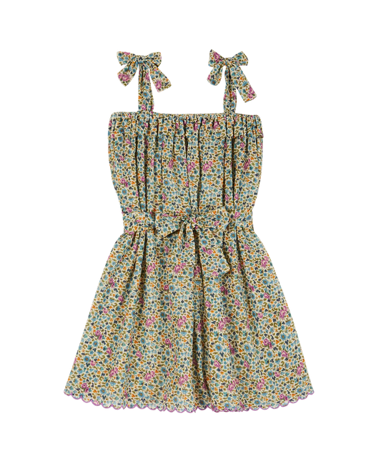 Cotton Tie Shoulder Dress | Green Floral