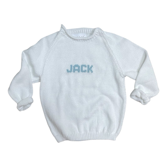 Name Sweater, White with Light Blue